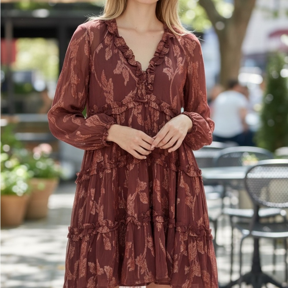 Anthropologie Rust and mauve Floral Ruffle Tiered Long Sleeve Dress